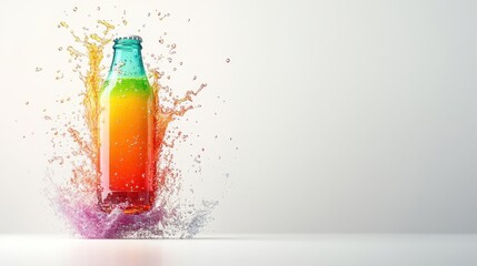 A dynamic splash of vibrant colors emanates from a glass bottle, creating an energetic and playful scene that embodies excitement and refreshment.