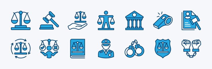 Set of justice icon vector. Contains law, judgment, court, lawyer, equality, judgement, legal hammer, courthouse, whistle, process, truth, balance, police, handcuffs, criminal, law book. Illustration