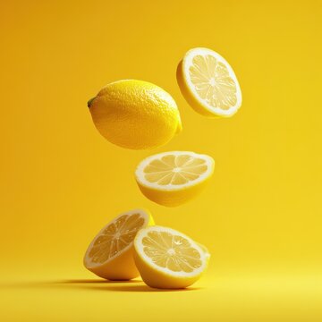 Bright yellow lemons, whole and sliced, levitating against a matching yellow background
