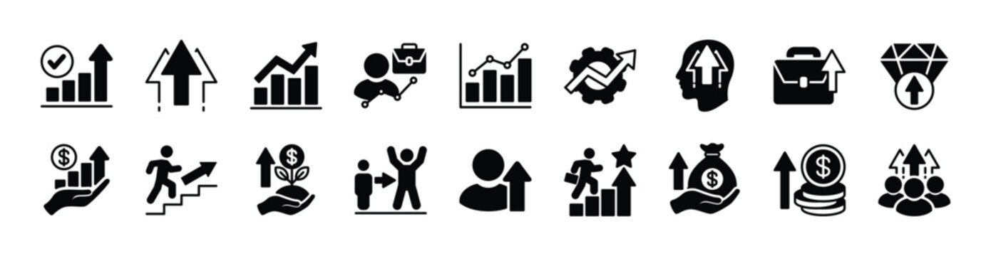 Growth arrow icon vector set. Contains chart, graph, increase, grow, improvement, climb, gain, up, expansion for profit, success, stock, career, earning, investment, work, development, value