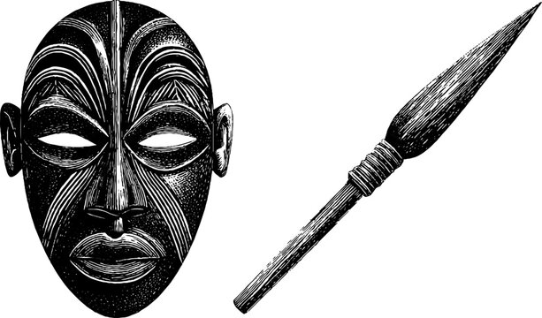 Traditional african masks and tribal spear engraved illustrations for cultural design projects