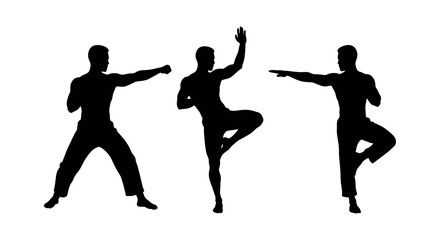Three Silhouettes of Martial Arts Practitioners in Dynamic Poses