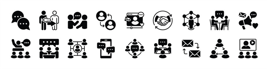 Human interaction icon set. Contains conversation, speech bubble, sharing, people connect, communication, collaboration, connectivity, social media, meeting, dialogue, message. Vector illustration