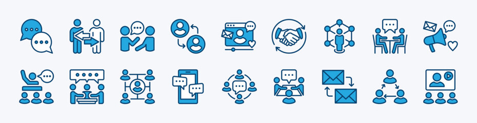 Set of human interaction icon vector. Contains conversation, speech bubble, communication, sharing, people connect, collaboration, connectivity, social media, meeting, dialogue, message. Illustration