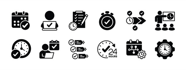Discipline icon vector set. Contains core, time management, rules, behavior, on schedule, diligent employee, hard work, step, plan, strategy, timetable, commitment, routine. Illustration