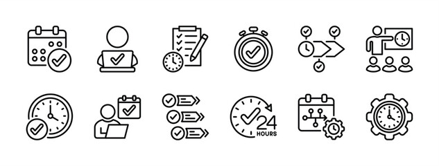Discipline icon set. Contains core, time management, rules, behavior, on schedule, diligent employee, hard work, step, plan, strategy, timetable, commitment, routine, calendar. Vector illustration
