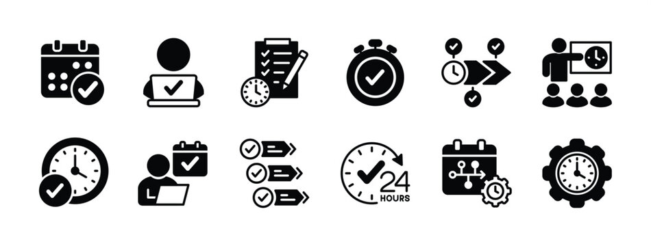 Discipline icon vector set. Contains core, time management, rules, behavior, on schedule, diligent employee, hard work, step, plan, strategy, timetable, commitment, routine. Illustration