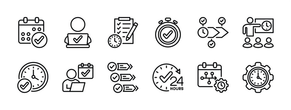 Discipline icon set. Contains core, time management, rules, behavior, on schedule, diligent employee, hard work, step, plan, strategy, timetable, commitment, routine, calendar. Vector illustration