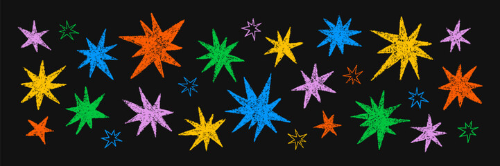 Crayon hand drawn doodle colorful stars set. Childish pencil drawing cosmic sparks and sparkles. Vector texture illustration
