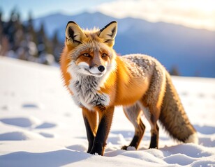 Fototapeta premium Red fox in snowy mountain