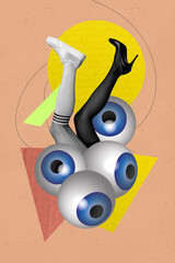 Sketch vertical photo collage of anonym human upside down eyeball stare pile control eyesight...