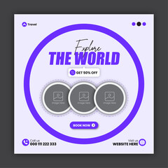 Travel social media post design or square travel flyer design template