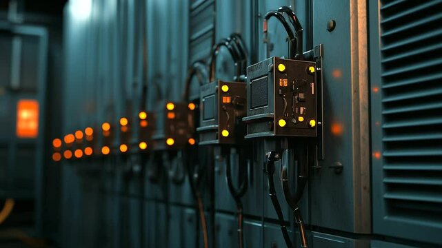 A gritty close-up of a large substation transformer unit, showcasing weathered metal textures, densely packed high-voltage wiring, and oil-filled cooling chambers reflecting ambien