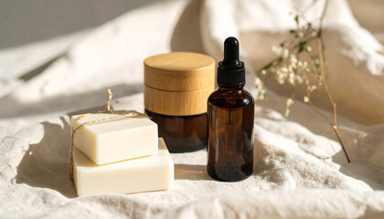 Natural Cosmetic Product Mockup with Amber Bottle and Wooden Jars