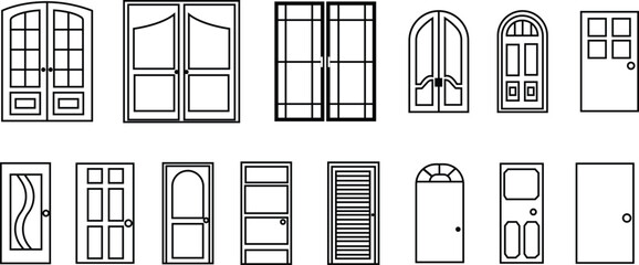 closed door line set. Entrance and exit doors with handles and frames, home exterior architecture concept. Vector collection