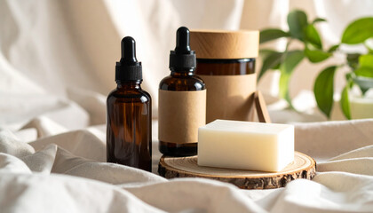 Natural Cosmetic Product Mockup with Amber Bottle and Wooden Jars