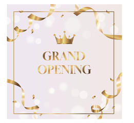 Grand opening card design with gold  ribbon with confetti