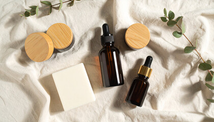 Natural Cosmetic Product Mockup with Amber Bottle and Wooden Jars