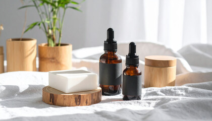 Natural Cosmetic Product Mockup with Amber Bottle and Wooden Jars