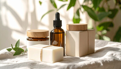 Natural Cosmetic Product Mockup with Amber Bottle and Wooden Jars