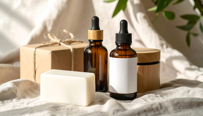 Natural Cosmetic Product Mockup with Amber Bottle and Wooden Jars