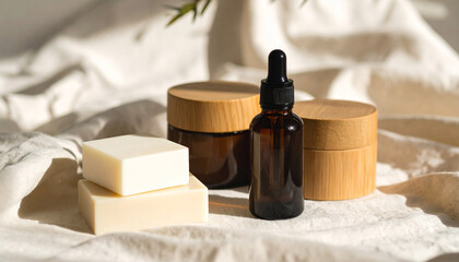 Natural Cosmetic Product Mockup with Amber Bottle and Wooden Jars
