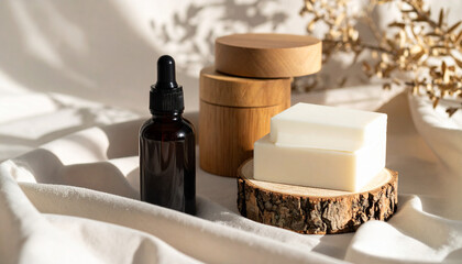 Natural Cosmetic Product Mockup with Amber Bottle and Wooden Jars