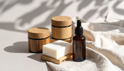 Natural Cosmetic Product Mockup with Amber Bottle and Wooden Jars