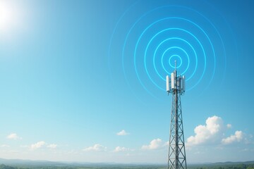 Obraz premium Telecommunication Tower with Signal Waves in Clear Sky