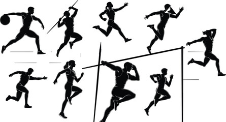 Dynamic Silhouettes of Athletes Performing Various Track and Field Events in Motion, Perfect for Sports, Fitness, and Competitive Athletics Design Projects flat vector illustration