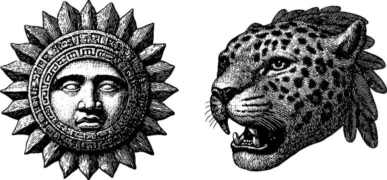 Engraved aztec sun stone and jaguar head illustration for cultural design