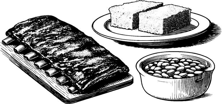Engraved illustration set of bbq ribs, cornbread, and baked beans for culinary art and menu design