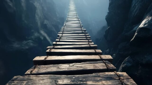 Narrow wooden rope bridge with old wooden planks stretches across misty mountain cliff, surrounded by fog and rocky landscape, creating mysterious adventurous path and narrow suspension bridge