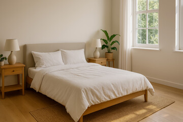 Minimalistic bedroom design with natural light and plants
