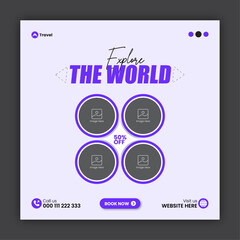 Travel social media post design or square travel flyer design template