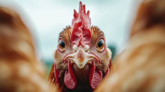 This striking image offers a close-up view of a chicken with vibrant feathers and detailed textures, showcasing the beauty and charm of farm animals in a captivating manner. - Powered by Adobe