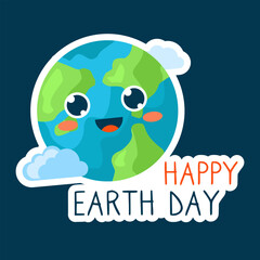 Vector illustration with a cute smiling face of a planet in cartoon style. Ecological poster 