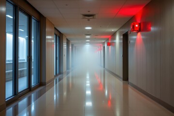Fire alarm smoke trigger concept. Misty hallway with red emergency lights illuminating the space.