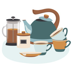 A collection of tea sets on a white background. Decorative kitchen utensils, household utensils, ceramic tableware for drinks or glassware for the tea ceremony. Flat vector illustration