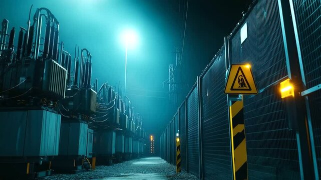 A dramatic angle of towering power transformers, with glowing warning signs at their base, high-security fencing surrounding the units, and yellow safety barriers marking restricte