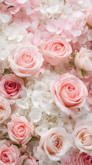 Fototapeta premium Wallpaper featuring pink roses and white hydrangeas in pastel baby pink and white close-up with boho style 