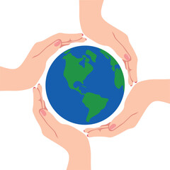 Four hands holding a globe. Save the earth. Earth Day