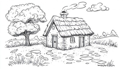 Obraz premium Simple black and white sketch of a thatched cottage
