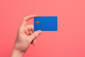 Hand Holding a Modern Blue Contactless Credit Card with Chip on Pink Background – Neo Banking Concept