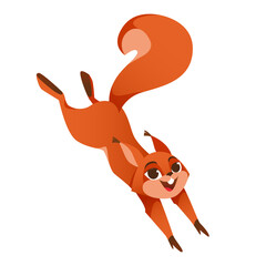 Cute little squirrel jumping down. Side view. Cartoon animal character design. Flat vector illustration isolated on white background.