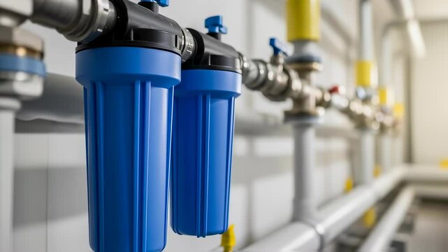 Close up of water filter system on a wall. Blue residential water purification filters. Household solution for clean water. Water treatment technology footage.
