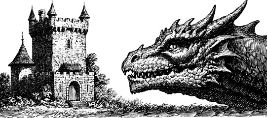 Engraved illustration of majestic castle and mythical dragon for fantasy design and storytelling
