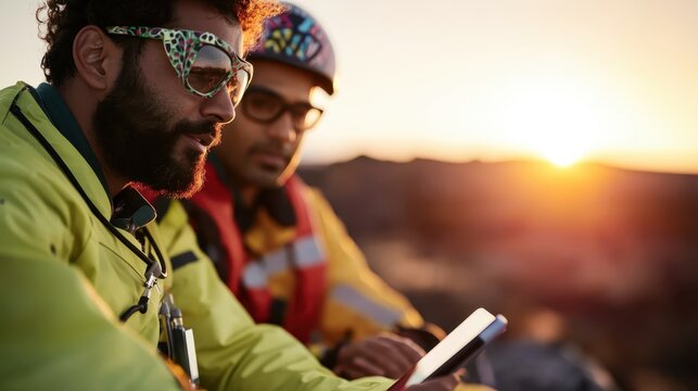 Two friends engage in a lively discussion while observing a stunning sunset, capturing the essence of friendship, adventure, and the joy of shared experiences in nature. - Powered by Adobe