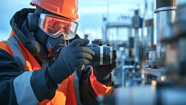 A thermal camera screen showing the heat map of a high-voltage transformer, while a technician in full PPE carefully adjusts the focus to check for overheating, with cables and ind