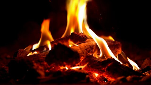 Burning logs with orange flames in fireplace creating warm atmosphere. Use for winter holidays, cozy home concepts, heating services and camping content